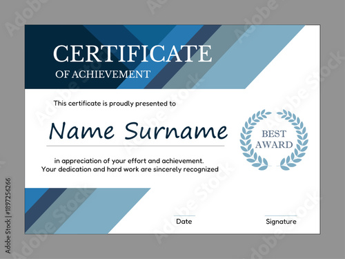 Sleek blue and gray geometric Certificate of Achievement with laurel wreath, recognizing effort, dedication, and hard work.