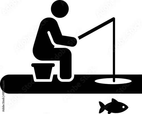 Man ice fishing on frozen river or lake with fishing rod and bucket. Winter hobby and leisure activity concept. Simple pictogram vector icon