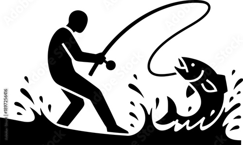 Man fishing with a rod, catching a jumping fish from the water. Sport and outdoor recreation concept. Vector illustration