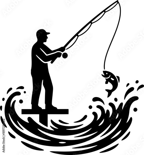 Silhouette of a man fishing on a pier, catching a fish with a rod and reel in splashing water. Vector illustration