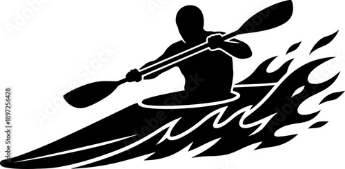 Man kayaking on water with flames, a dynamic silhouette icon for sport, speed, or competitive event design. Vector illustration