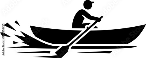 Man in canoe with paddle, a pictogram symbol showing boat, sport, and water activity, for web icon, sign, graphic, and simple design. Vector illustration