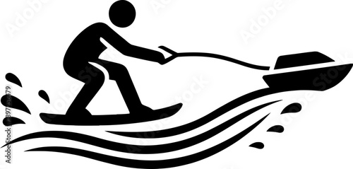 Man waterskiing with a boat on water symbol. Summer water sport activity icon for recreation, travel, badge, website, sticker. Vector illustration in flat style