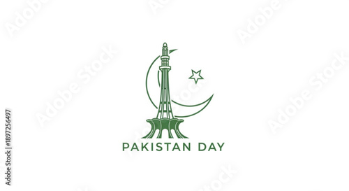 Pakistan day celebration logo with minar e pakistan monument crescent moon and star symbol on white background