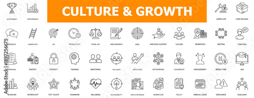 Modern line icons representing business culture, organizational growth, strategic development, and team success, ideal for corporate presentations and digital design.
