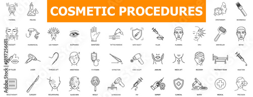 Modern collection of line icons detailing various cosmetic procedures, aesthetic medicine, and plastic surgery for beauty and body enhancement.