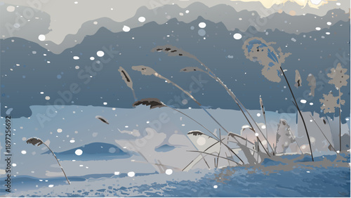 Serene winter landscape with snowflakes and reeds
