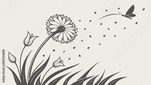 Elegant dandelion flower blowing in the wind