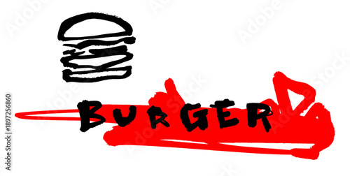 Abstract red burger logo with hand drawn brush strokes. Urban street art style hamburger vector illustration for fast food branding, cafe signage, and modern restaurant labels.