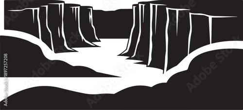 Monochromatic illustration of a serene mountainous landscape with cliffs