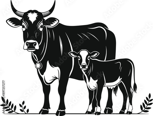 Black and white illustration of cow, calf, livestock animals, farm cattle, rural agriculture, domestic animals, horned cow, baby calf, nature leaves, stylized drawing