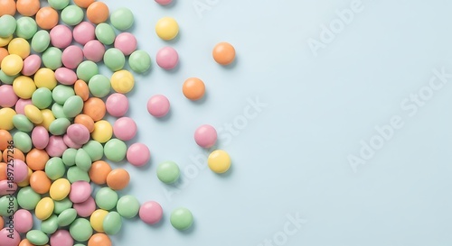 Delicious Colorful Candy Coated Chocolates Assortment Flat Lay Pastel Background Sweet Treat Confectionery Candies Easter Holiday Concept