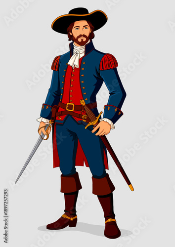 065-09-Historical swordsman wearing 17th-century uniform with hat, coat, boots, and weapons