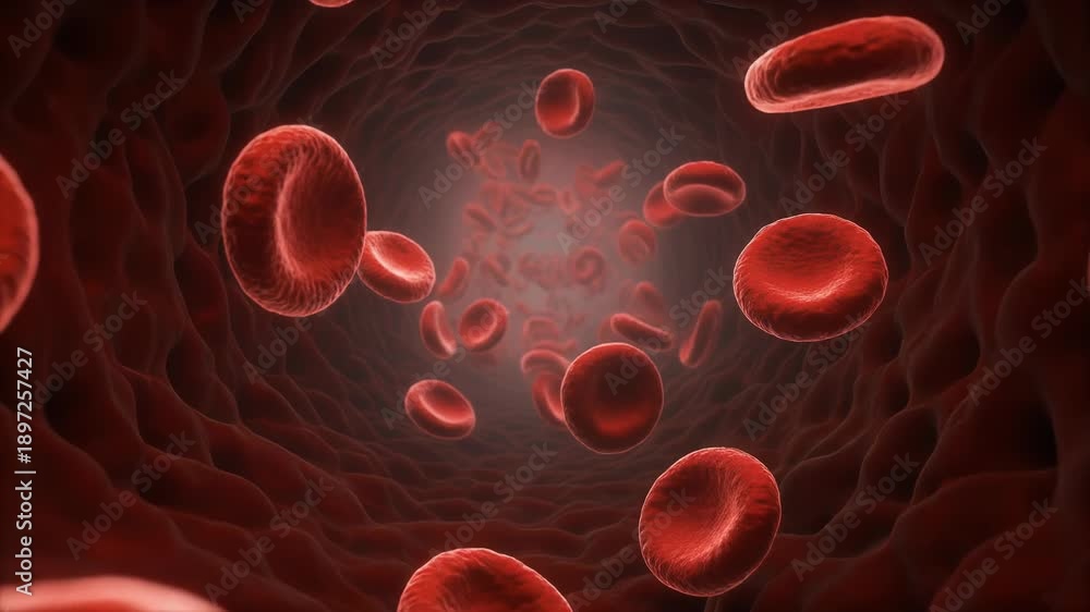 Red blood cells flowing through a vein in the human circulatory system ...