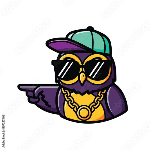 Stylish purple owl mascot wearing trendy sunglasses, a baseball cap, and a shiny gold necklace, pointing sideways with a cool attitude.