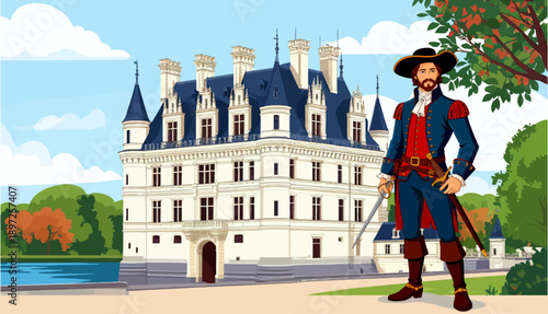 065-10-Musketeer character standing outside a historic french chateau, representing adventure and history