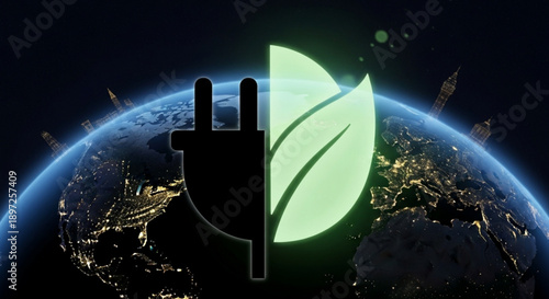 Eco friendly energy concept with plug and leaf on earth from space at night with city lights