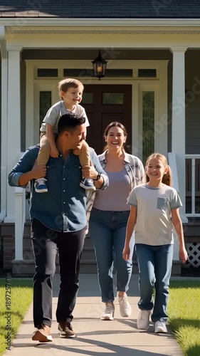 Happy family walking down front porch steps of a suburban home, with father carrying son on shoulders, illustrating joyful residential lifestyle