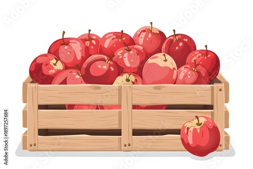 Colorful illustration of red apples piled in a wooden crate, with a clean white background. Perfect for themes of harvest, farming, or healthy eating.