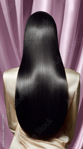 Back view of a woman with long, sleek black hair against a purple curtain