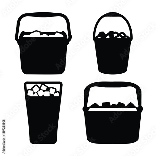 Diverse collection of ice-filled containers and buckets for chilling drinks and keeping cool