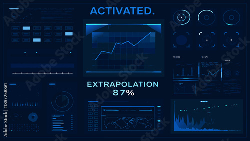 Futuristic interface displaying data charts graphs and system activation status