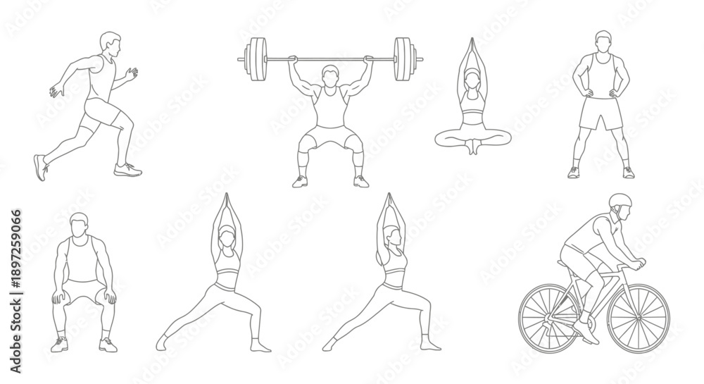 Obraz premium diverse line art illustrations of men and women actively engaged in sports and fitness activities perfect for healthy lifestyle icons and exercise graphics.