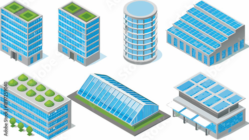 Isometric illustration of modern buildings with blue glass facades