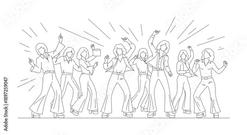 a group of energetic women in retro 70s fashion dancing at a disco party evoking nostalgia and fun perfect for event promotions