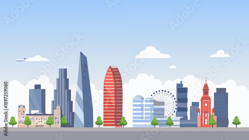 London skyline illustration featuring iconic buildings and a bright sky