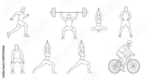 diverse line art illustrations of men and women actively engaged in sports and fitness activities perfect for healthy lifestyle icons and exercise graphics.