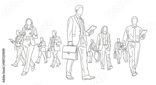 business professionals walking purposefully carrying tablets and briefcases illustrating modern corporate dynamics career growth and active workforce.