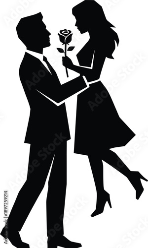Silhouette of a Man in a Suit Offering a Rose to a Woman in a Dress couple