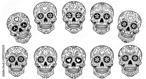 intricate black and white sugar skulls featuring floral patterns and hearts isolated on white perfect for day of the dead celebrations and festive designs.