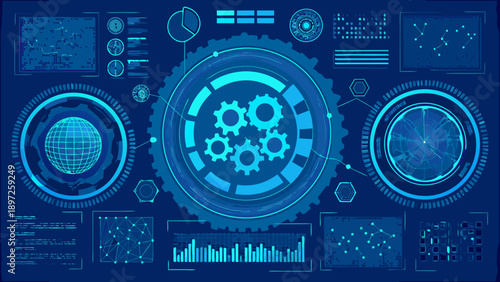 Futuristic blue interface with data visualization and technological elements