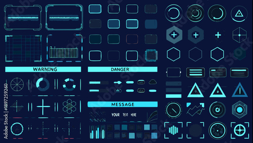 Futuristic user interface elements in a vibrant teal and dark blue palette