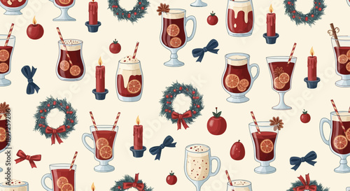 seamless christmas pattern mulled wine burning candles evergreen wreaths on light background perfect for winter holiday designs.