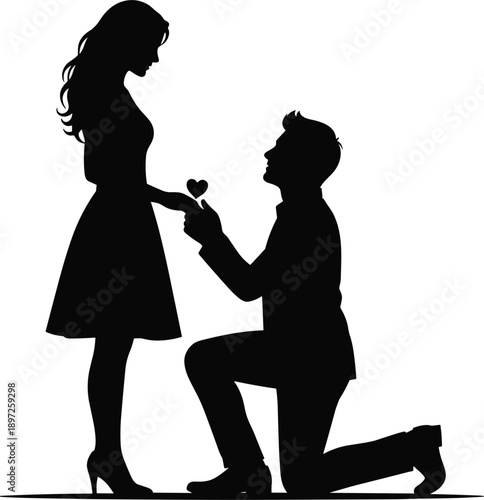 Silhouette of man proposing to woman with heart on white background proposal engagement