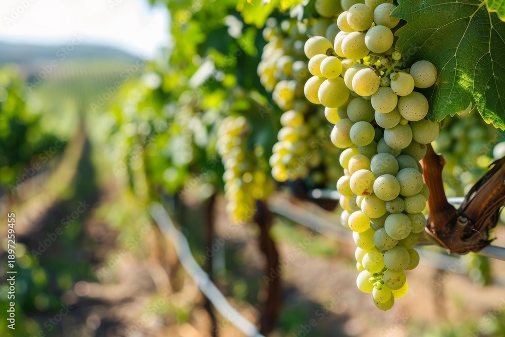 Fototapeta premium Ripe white grapes growing in vineyard, ready for harvest, on a sunny summer day