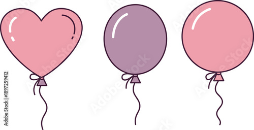 Three Pink and Purple Balloons with Strings on White Background heart shape