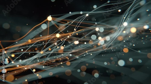 Digital Network Connection Abstract Background, Macro Shot, Flowing Data Lines and Dots, Cinematic Seamless Loop 3D Animation