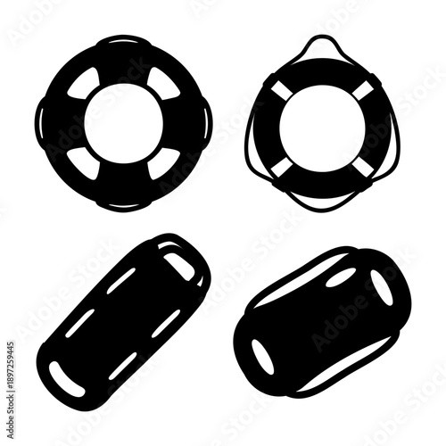 Essential water safety and rescue equipment silhouettes for aquatic environments