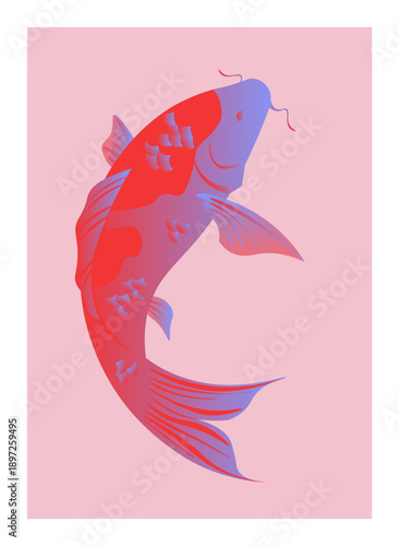 Minimalist illustration of a koi fish in motion. Elegant curved composition with soft gradients and pastel colors, inspired by Japanese culture. Modern flat vector artwork for wall art and design.