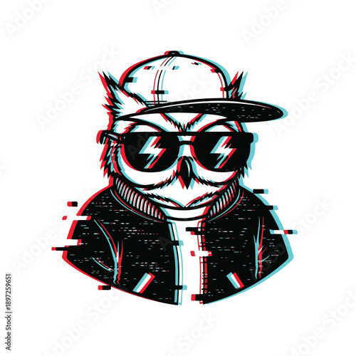 Cool owl character illustration with a glitch effect, wearing a baseball cap, sunglasses, and a jacket. Trendy street style design with retro digital distortion.