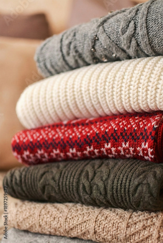 Stack of assorted knitted sweaters in various colors and textures on a blurred background.