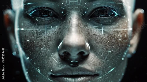 Biometric Face Recognition Concept, Extreme Close Up, Scanning Female Face with Digital HUD, High Tech AI Animation