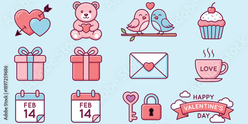 Valentine's Day icons with hearts teddy bear gifts calendar and love cup Keywords: valentine day, love, heart, gift, teddy bear