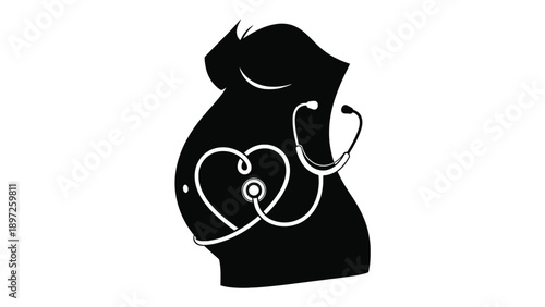 Silhouette of pregnant patient with stethoscope icon representing prenatal care pathways, maternal health services procurement and reimbursement strategy for maternity providers