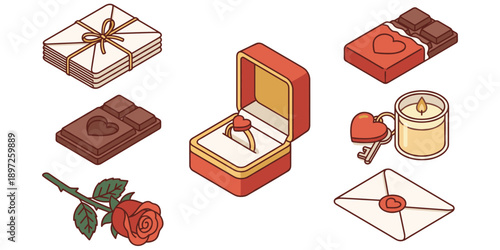 Valentine's Day objects including envelopes chocolate ring candle rose and keys Keywords: valentine day, love, heart, envelope