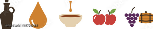 Organic Food and Liquid Icon Set Featuring Apple Grapes Oil Bottle Vinegar Drop and Wooden Barrel Vector Illustrations